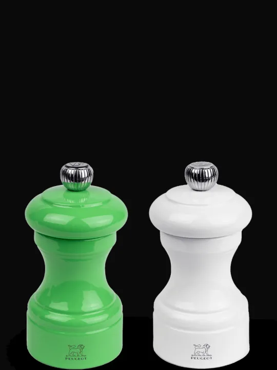 Discount Bistro Set of manual wooden salt and pepper mills in white and green gloss, 10cm Salt|Salt & Pepper Mill Sets