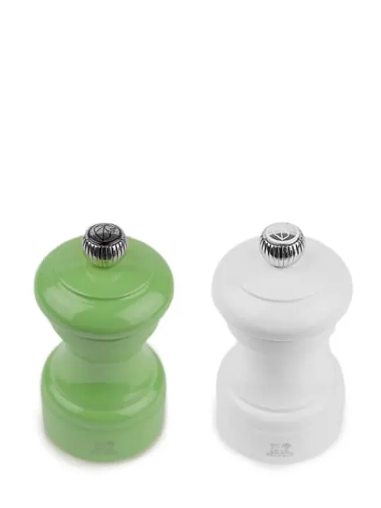 Discount Bistro Set of manual wooden salt and pepper mills in white and green gloss, 10cm Salt|Salt & Pepper Mill Sets