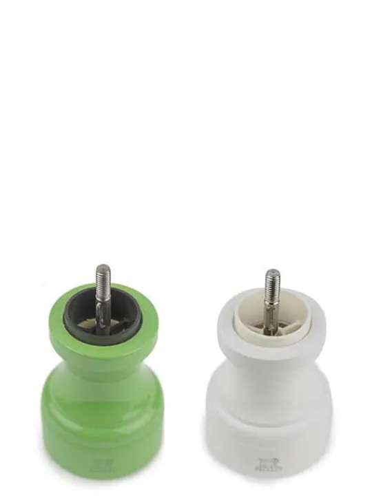 Discount Bistro Set of manual wooden salt and pepper mills in white and green gloss, 10cm Salt|Salt & Pepper Mill Sets