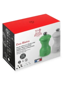 Discount Bistro Set of manual wooden salt and pepper mills in white and green gloss, 10cm Salt|Salt & Pepper Mill Sets